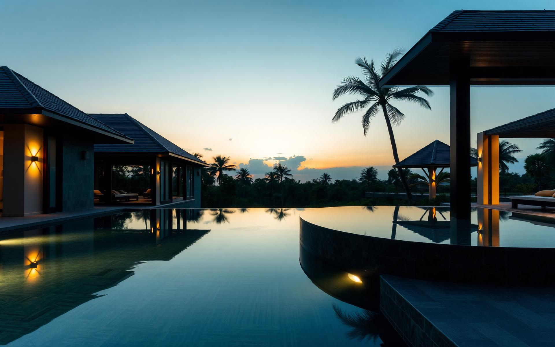 Piscina de luxo revestida em pedra natural ao entardecer